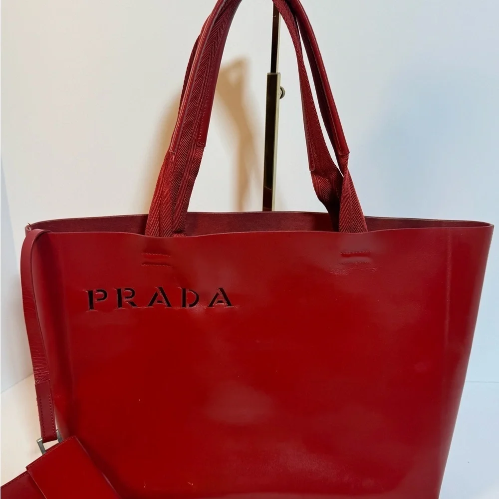 AUTHENTIC Prada Red Leather Tote Bag w/ Pouch